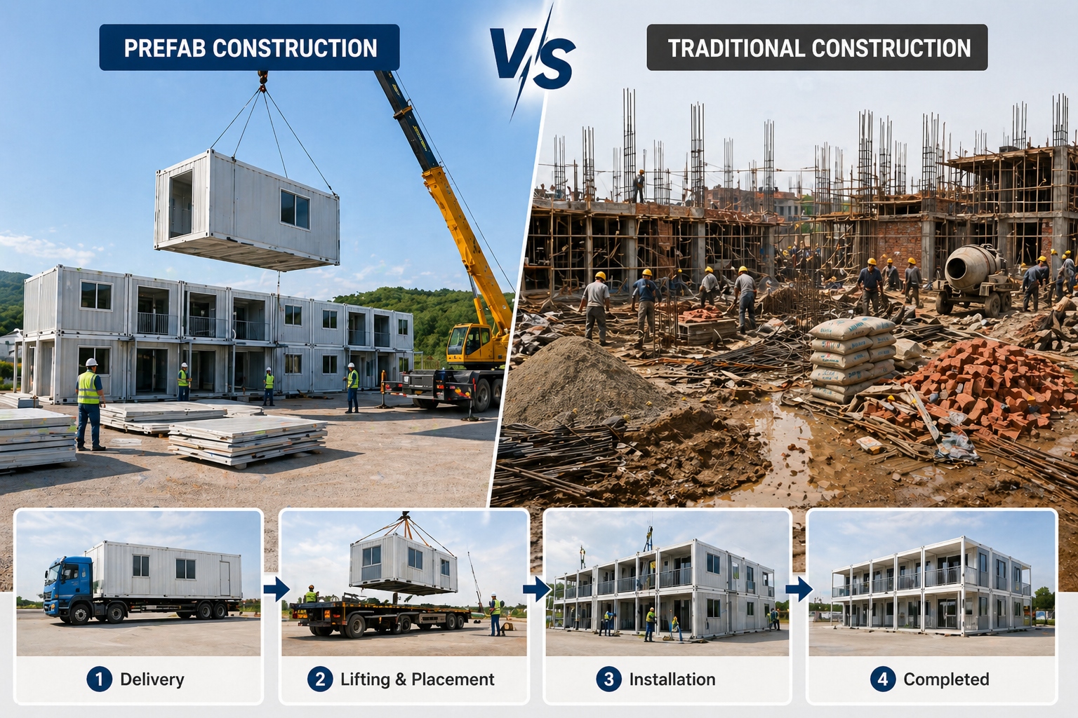 Prefab building sites are cleaner, faster, and require fewer workers.
